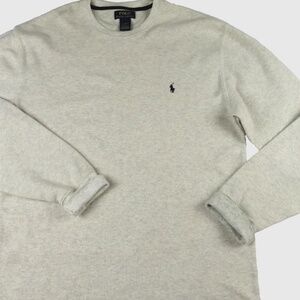 Men POLO RALPH LAUREN pony logo cream/gray waffled knit long sleeve top Size XL